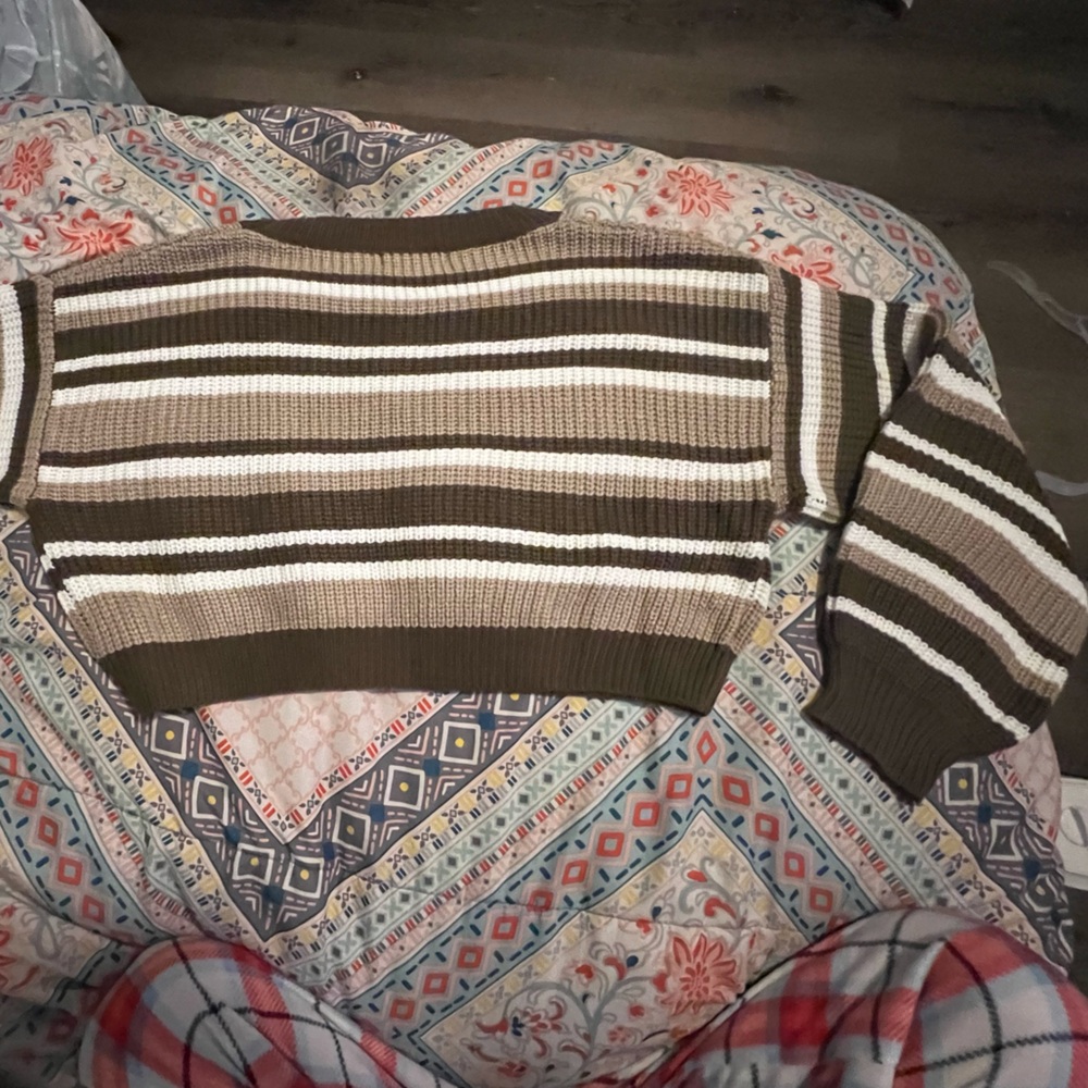 a light brown, dark brown & white cropped striped sweater